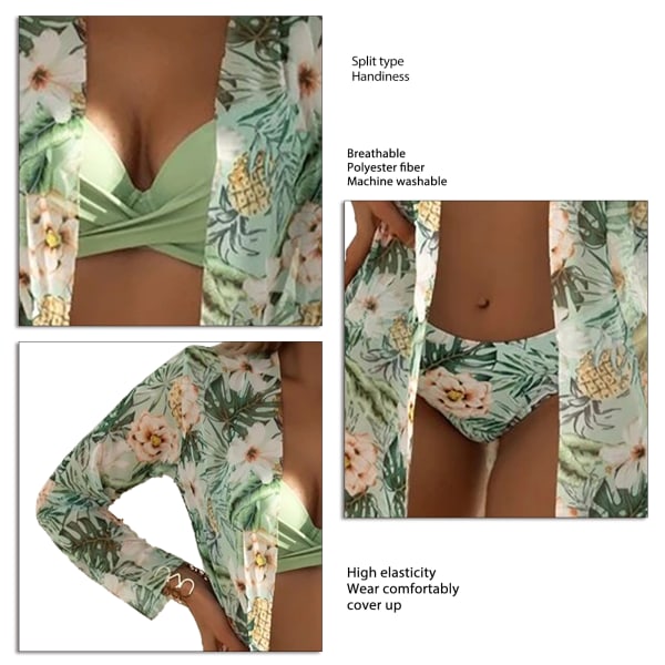 3-delt bikini til kvinder med blomsterprint, spaghettistropper og stranddækken i grøn, str. S