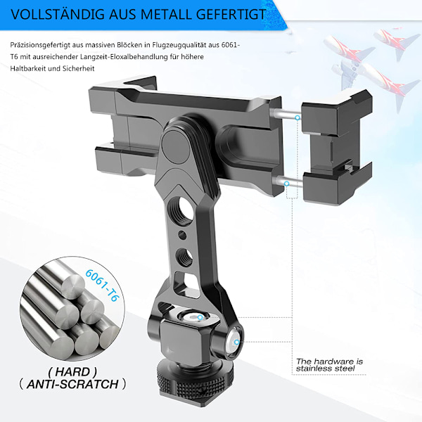 Smartphone-stativfäste i aluminium, universell telefonklämma med cold shoe-fästen, solid helmetallkonstruktion, 360° rotation, för professionellt bruk