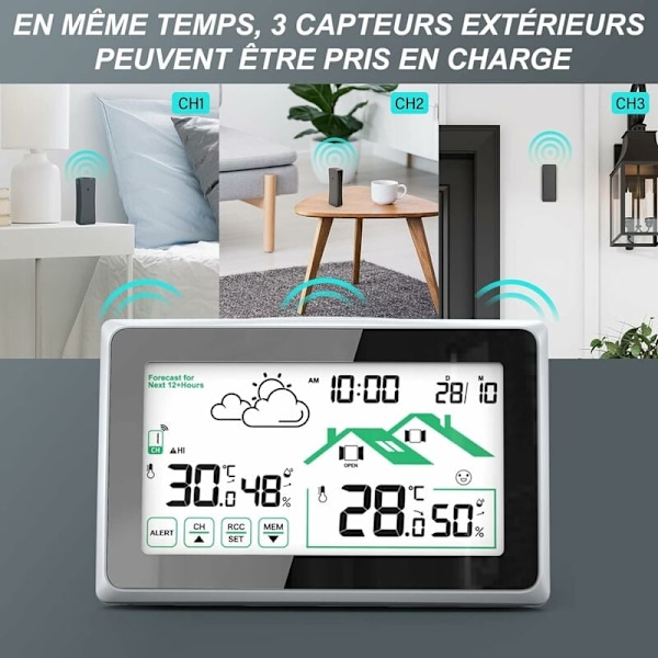 Trådlös väderstation, högprecisionssensor inomhus utomhus termometer hygrometer för väderprognoser i realtid, batteridriven pekskärm