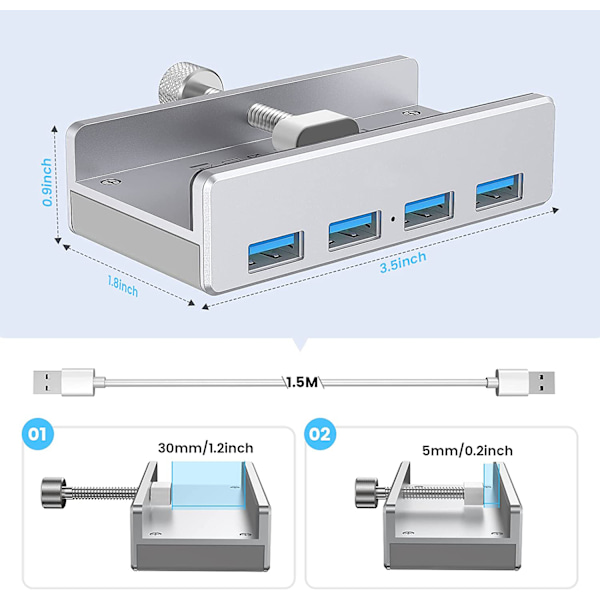 Usb 3.0 Hubb Med Justerbar Bordsklämma, Utrymmesbesparande Design För Skrivbord, PC, Bordskant, Multi Usb Port Expander Med Plug & Play Funktion,