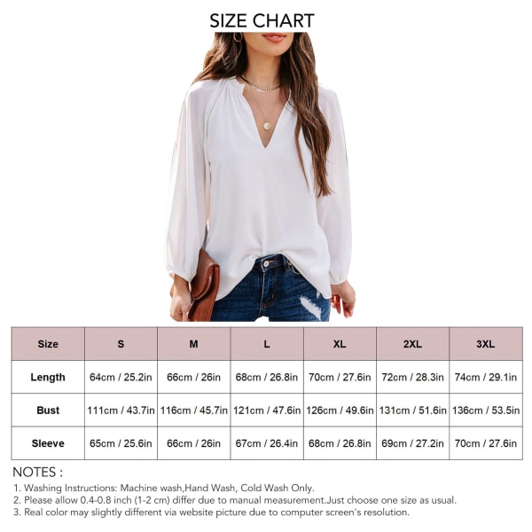 V-hals topp ren farge lanterne lange ermer skjorter kvinner casual løs bluse for shopping hvit S
