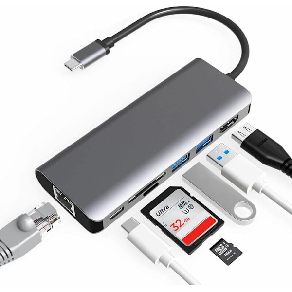 Multifunktionell USB-C Hub för MacBook, Ultra HD Video Display Adapter, Höghastighets USB-portar, Gigabit Ethernet-anslutning, SD TF-kortläsare, 3,5 mm