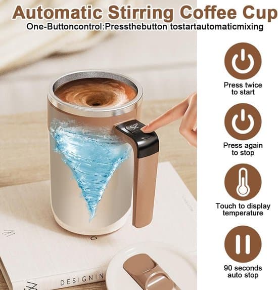 Automatic Coffee Stirrer - 400 ml, with Temperature Display - Mug - Automatic Stirrer with Lid - Stainless Steel - Suitable for Coffee and Other Beverages