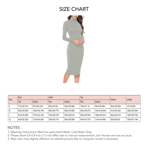 Women Turtleneck Ribbed Long Sleeve Knit Sweater Dress Basic Solid Color Elastic Slim Fitting Soft Warm for Party Date Grey XL