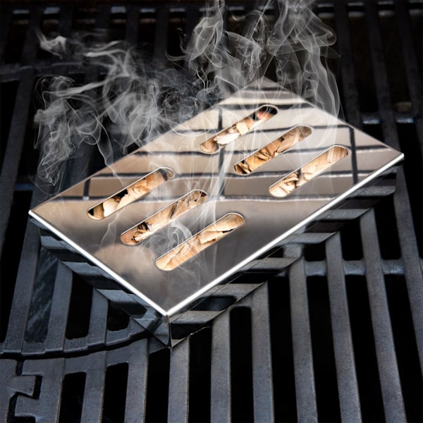 Kraftig rökbox för gasolgrill, kallröksgenerator i rostfritt stål med gångjärnslock för kött, fisk, grönsaker, tofu (kromlook)