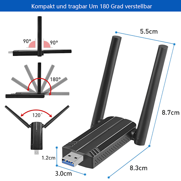 Gaming Wifi-adapter för PC, snabb Wifi 6e-anslutning, 1800 Mbps Wlan-hastighet 5 GHz/2,4 GHz-band Ultrsnabb trådlös adapterhastighet med 802.11ax,
