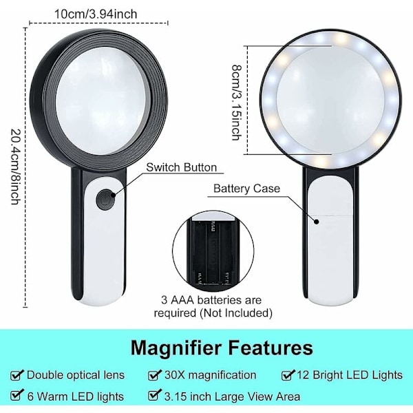Stor Dubbelglaslins, Portabelt Förstoringsglas för Inspektion av Maskineri, Ergonomiskt Handtag, Högupplöst Glas, 18 LED-lampor, Enknappsfunktion