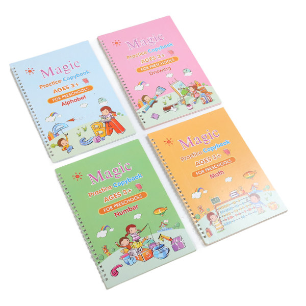 4 pakker Kids Practice Copybook Auto Ink Fading 3D Grooved