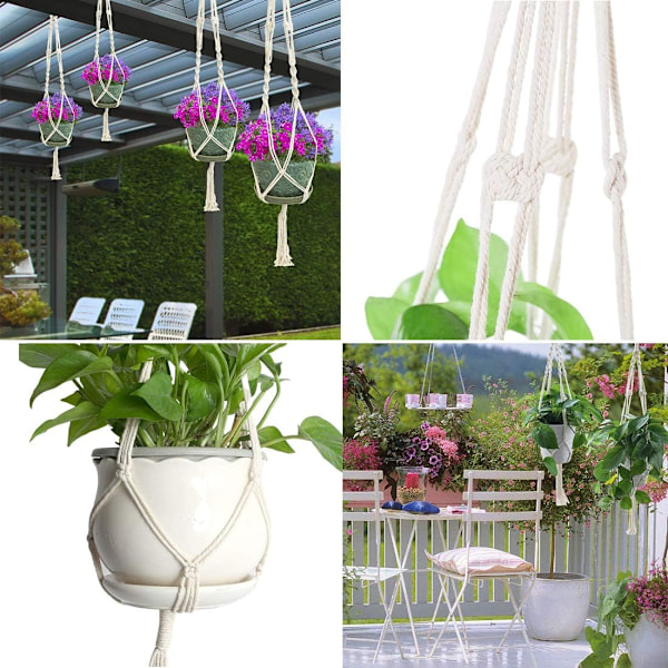 Boho Charm, Handgjorda Makramé Växthängare, 4-pack Slitstarka Växtkorgar i Bomullsrep för Inomhusbruk, Perfekt för Utrymmesbesparande Trädgårdsinredning