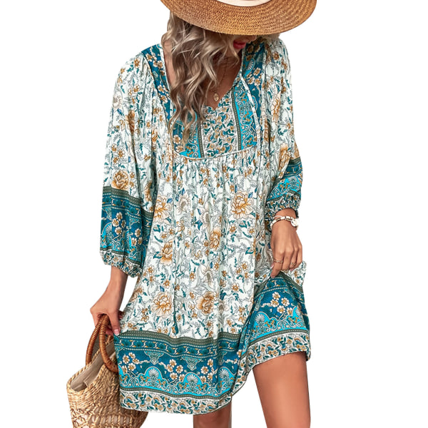 Women Floral Dress 3/4 Long Sleeves Loose Waist V Neck Casual Short Dress for Daily Wear Blue M