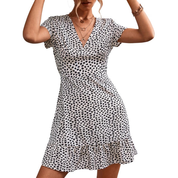 Dress Summer V Neck Fashionable Versatile Casual Print Ruffled Flowy Beach Short Dress White Dot S
