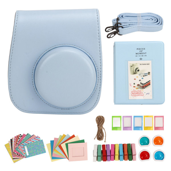 Mini Instant Camera Protective Bag PU Case for Fujifilm Instax Mini 12 with Album Filters Colorful Hanging Frames Stickers Blue