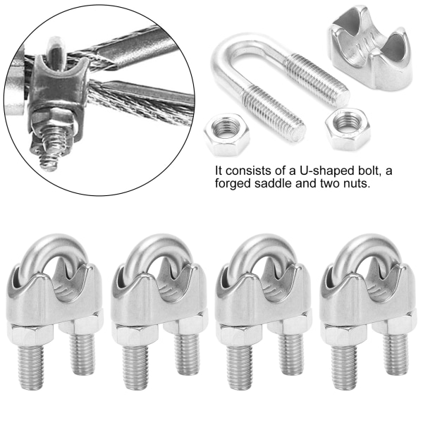 4 stk 9/16 tommers M14 rustfritt stål wire tau klemme klemme U bolt sal festemiddel