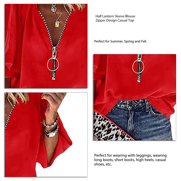 Kvinder V-hals lanterne ærme bluse lynlås almindelig farve moderigtig casual top skjorte rød S