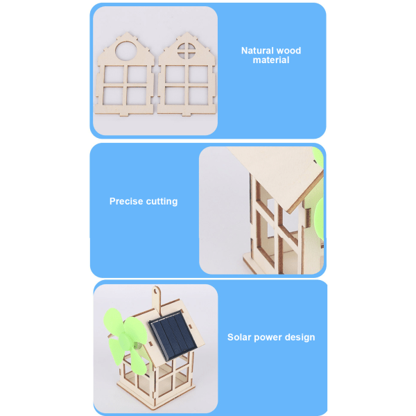 Aurinkovoimalla toimiva tuulimylly puutalo DIY Lapset Tiedeopetus Kokeilu Leikkikalu