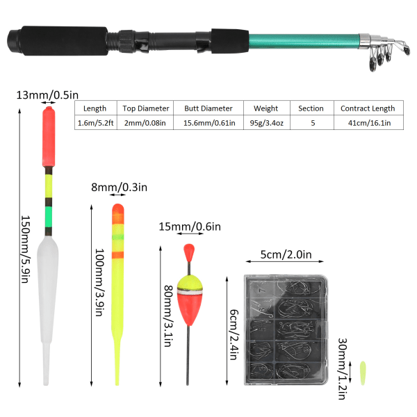 Bærbar fiskestang og snelle sett stang snelle med line full sett kroker med oppbevaringsboks flåter