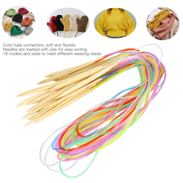 18 st cirkulära stickor dubbelspets bambu färg flexibel röranslutning stickningsverktyg set (120 cm)
