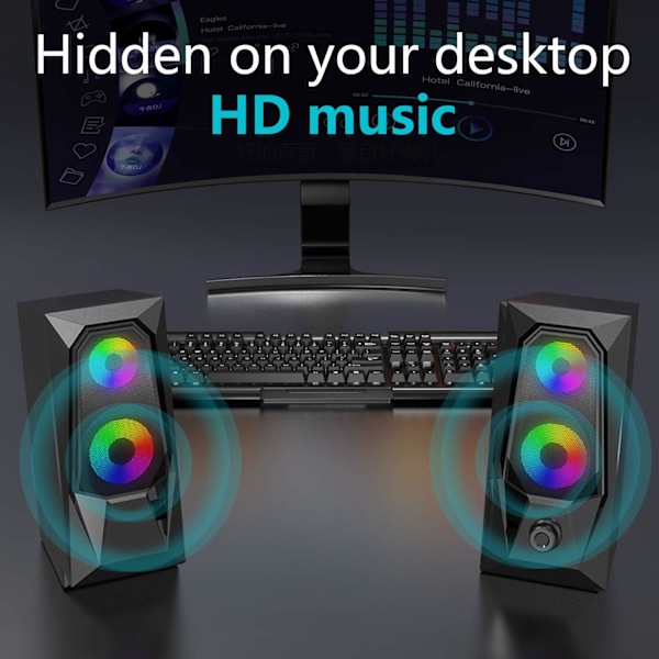 Datorhögtalare med Volymkontroll, Stereo 2.0, RGB-belysning, Plug and Play, USB-driven 3,5 mm Aux, för PC, Skrivbord, Laptop, Smartphone, Universell