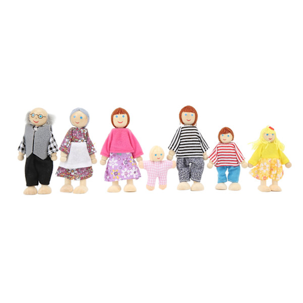 Trähusdocka Familj Söt Simulering 7 Dockor Familj Låtsaslek Figurer för 1:12 Dockhus