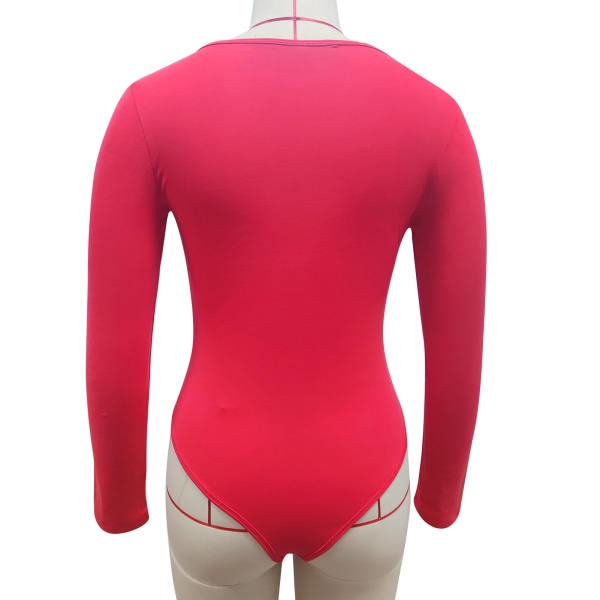 Kvinnor långärmad kroppsbyxa med vid halsringning Knäppade byxor Slimmad bodysuit för fester Röd L