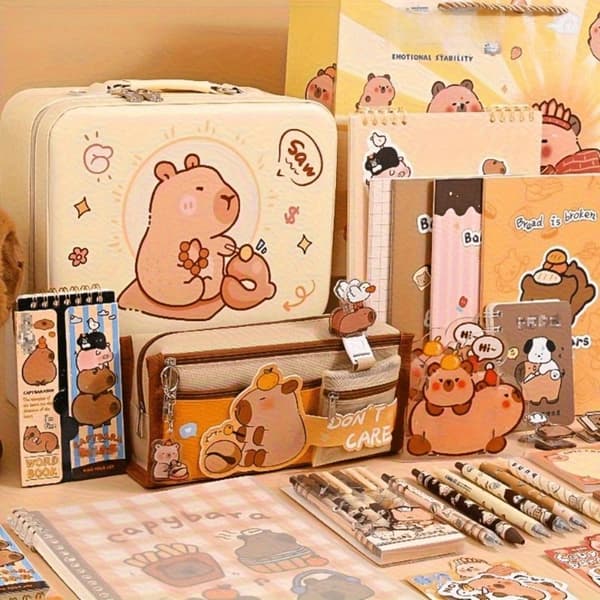 Sweet Stationery Gift Set with Capybara - Soft Pens, Notebook, Pencil Case & Accessories with Adorable Animal Theme Design, Durable Syn...