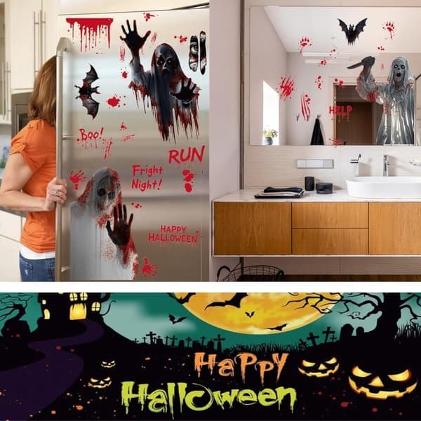 Halloween Window Decorations - Ghost and Handprint Decals - 4 Different Designs - 20x30 cm - Double-Sided