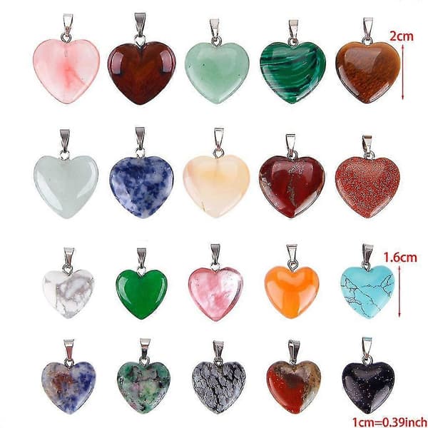 20 Pieces Heart Shaped Stone Charms Chakra Beads Crystal 2 Different Sizes