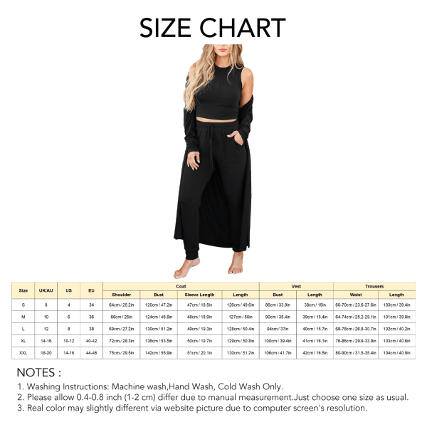 Dame Pyjamas Sæt Efterår Vinter Hjemmesæt 3-delt Loungewear Sæt Vest Bukser Cardigan Sæt Sort S
