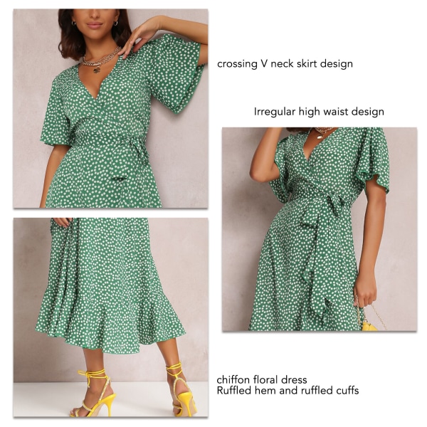 V Neck Dress Sexy Style Print Pattern Lace Up Irregular High Waist Design Polyester Material Women Floral Dress Green XXL