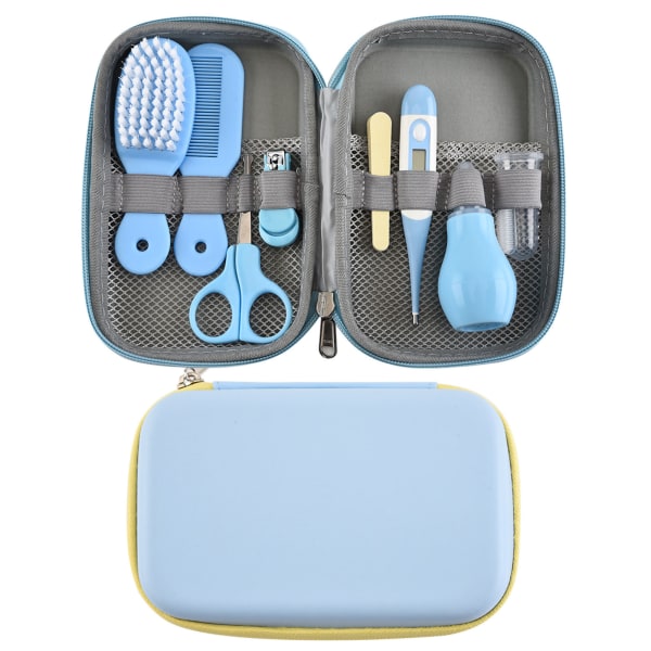 Baby Grooming Kit med hårborste Nagelklippare Näsrengöring Fingertandborste Sax Nyföddvård för pojkar Flickor Blå