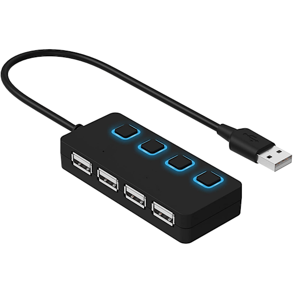 Kompakt Design 4-Portars USB 2.0 Hub För Enkel Installation, Med Individuell Strömbrytare, Plug and Play-Funktioner, Och Kompatibilitet Med Mac & PC