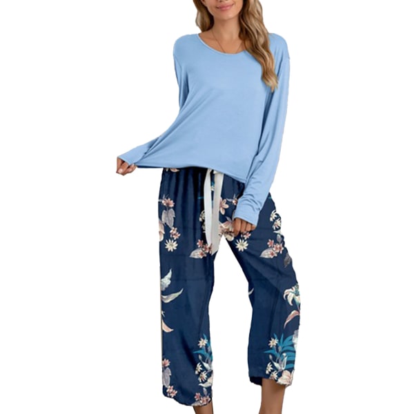 Womens Langærmet Loungewear Sæt Rund Hals Casual Maskinvaskbar Dame Pyjamasæt til Damer Blå L