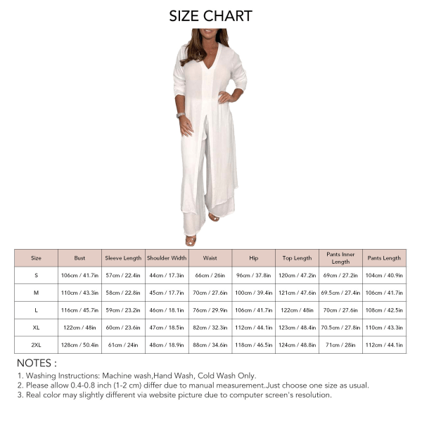Lang topp bukse sett kvinner lang ermet ensfarget V-hals mote casual todelt sett hvit XL