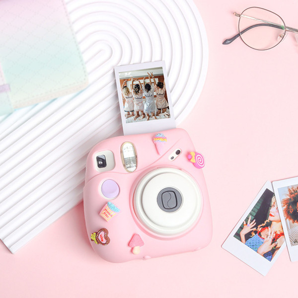 Øyeblikkelig kamera lett deksel med skulderstropp myk silikon beskyttende etui for Instax Mini 7 Plus rosa dessert