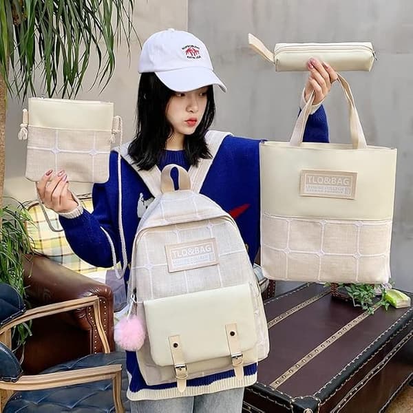 Four-piece day backpack set aesthetic backpack with pendant school bag handbag bag pencil case gray