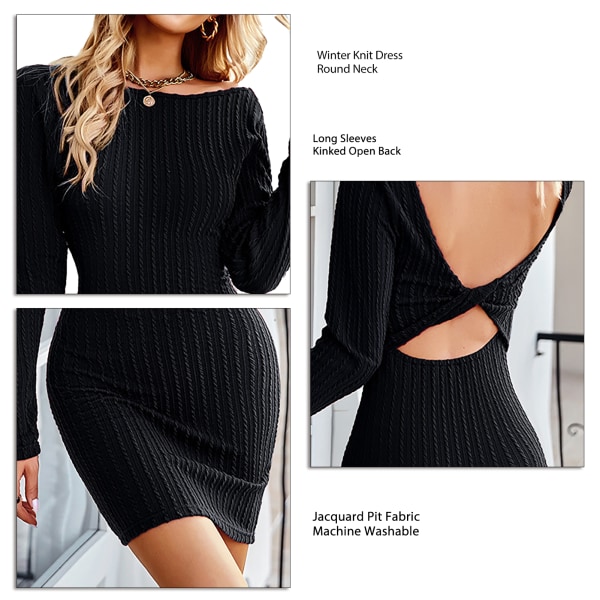 Long Sleeve Knitted Dress Round Neck Casual Skirt Bodycon Slim Dress for Winter Season Black XL