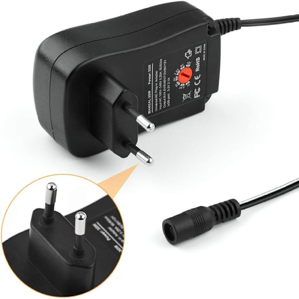 Universell Strömförsörjning för Elektronik, Säker AC DC Adapter med Multispänningsval, Kompatibel med 3V till 12V Enheter, Stödjer 12V 2A Ström,