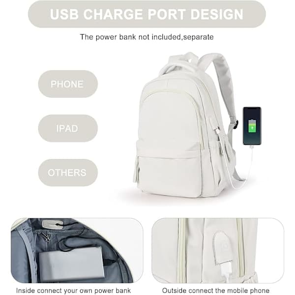 Laptop Backpack, Waterproof Laptop Backpack with 18-inch USB Charging School Bag White