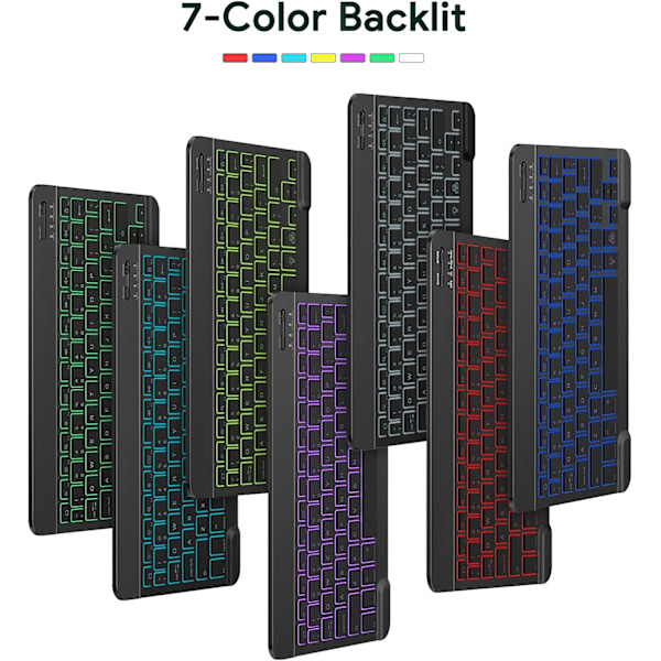Kompakt Bakgrundsbelyst Bluetooth-tangentbord, Korskompatibelt Ultra Slim Portabelt Trådlöst Tangentbord för iOS, Android, Windows-enheter, 7-Färgs LED-Bakgrundsbelysning