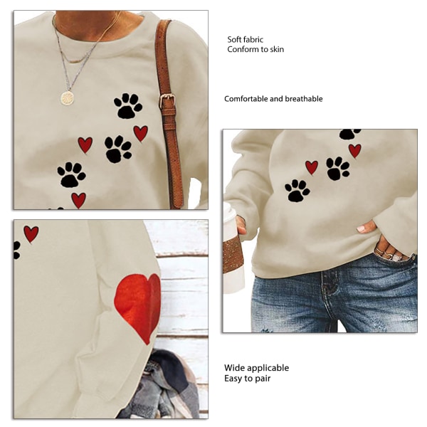 Women Top Loose Fashion Round Neck Long Sleeve Polyester Soft Breathable Machine Washable Clothing Sand Colour(black Dog Paw Print) M