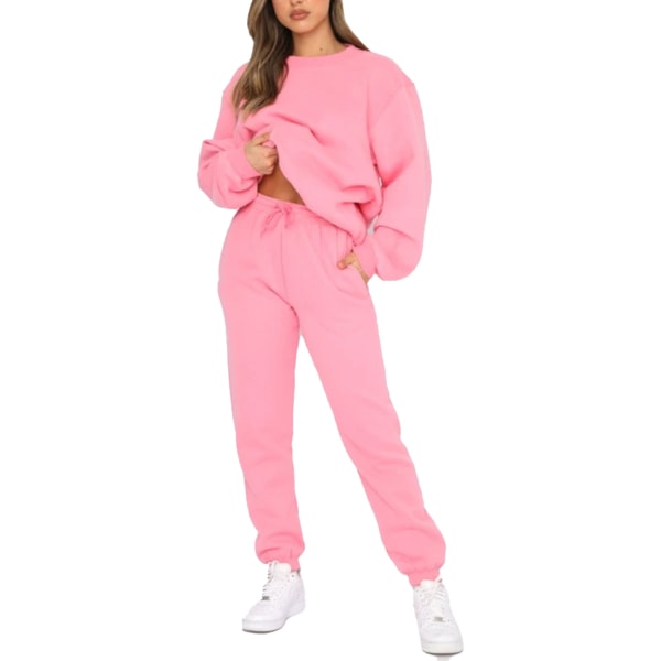 Women Sweatshirt Suit Pure Color Long Sleeve Crewneck Drawstring Closure Elasticated Waist Pants Outfit with Pockets Peach Red M