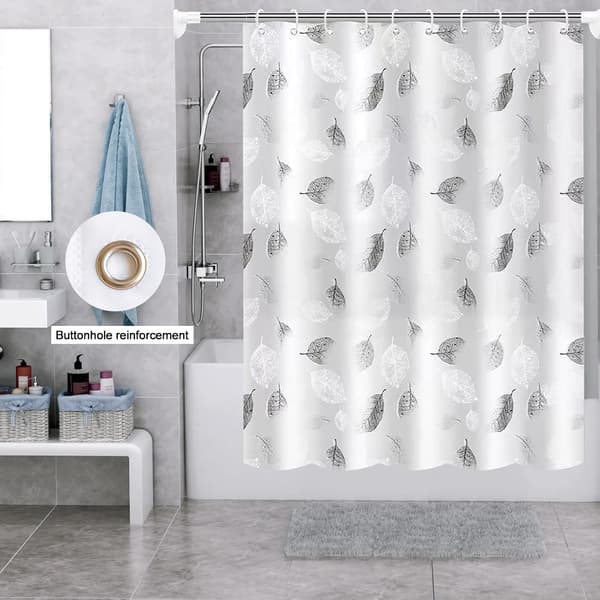 Duschdraperi 180x200cm grått mögelresistent med vita löv, tvättbart draperi med 12 krokar