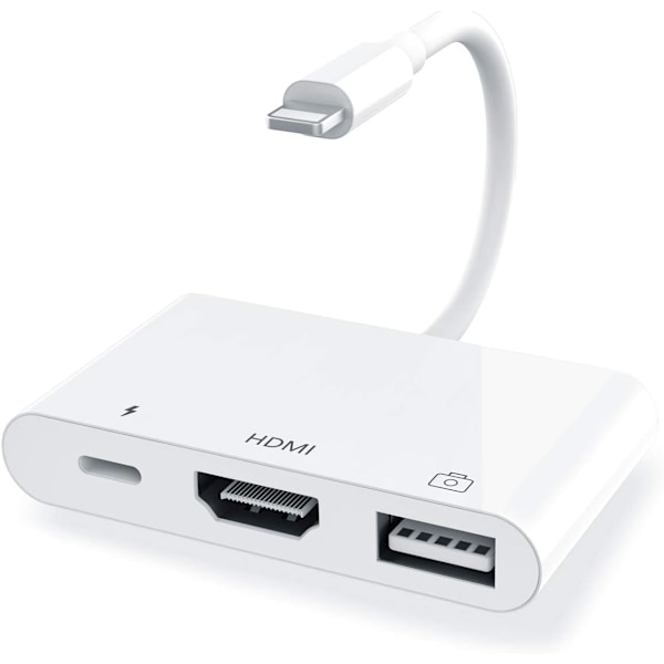 HDMI-adapter för iPhone, Multifunktionell 1080p Digital AV HDMI-överföring med Laddningsport, Plug and Play USB-kameraadapter för Skärmspegling