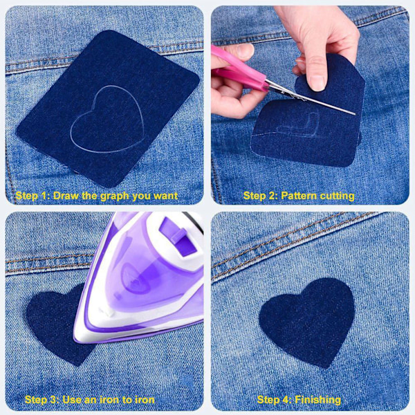 Anpassningsbara påstrykningsbara denimlappar, lättapplicerat starkaste lim denimlagningskit för jeansreparation och dekoration, 30/20/12-pack sorterade nyanser av