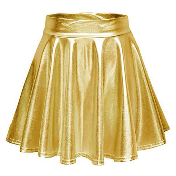 Shiny Flared Pleated Skirt A Line Solid Color Metallic Glossy High Waist Skater Skirt for Performance Golden L
