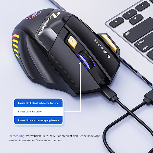 Programmerbar trådlös gamingmus, DUBBEL LÄGE TRÅDLÖS MUS, Tyst klickdesign för offentlig användning utan störning, Uppladdningsbar, 70 timmar för