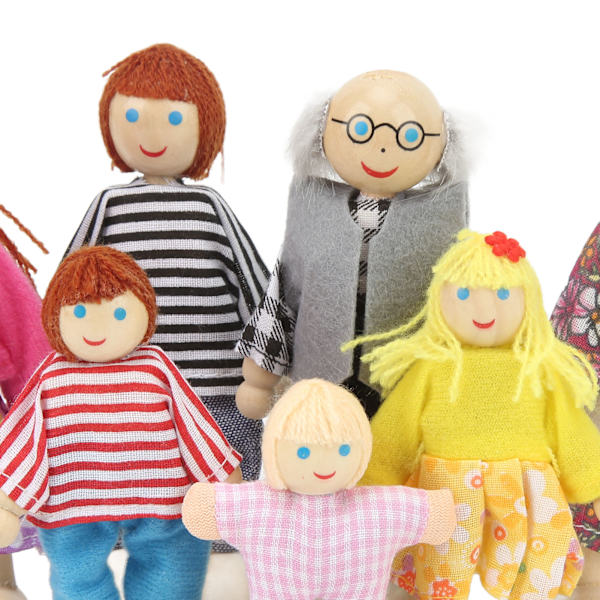 Trähusdocka Familj Söt Simulering 7 Dockor Familj Låtsaslek Figurer för 1:12 Dockhus
