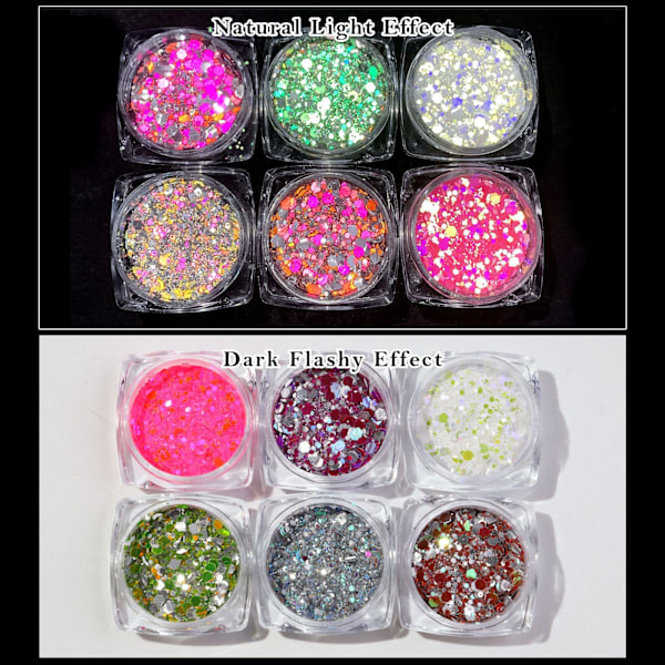 Glow in the Dark Glitter, 6 Farver Lysende Iridescent Chunky Glitter, Kosmetisk Håndværks Glitter Sæt til Epoxy Resin, Krop, Ansigt, Negle