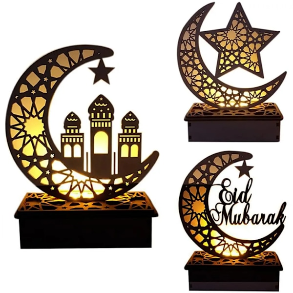 3 stk. Ramadan Lanterne LED Træ Måne Stjerne Lys Dekoration Ramadan Eid Hjemmeindretning Ramadan Dekoration