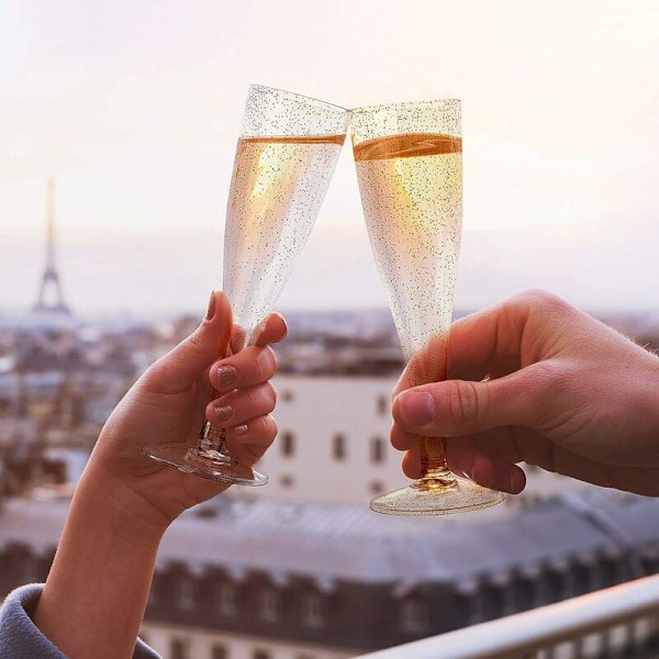 Bryllups- og festutstyr, gjenbrukbare klare champagneglass i plast 200 ml, premium kvalitet plastvinglass for alle feiringer, gullglitter
